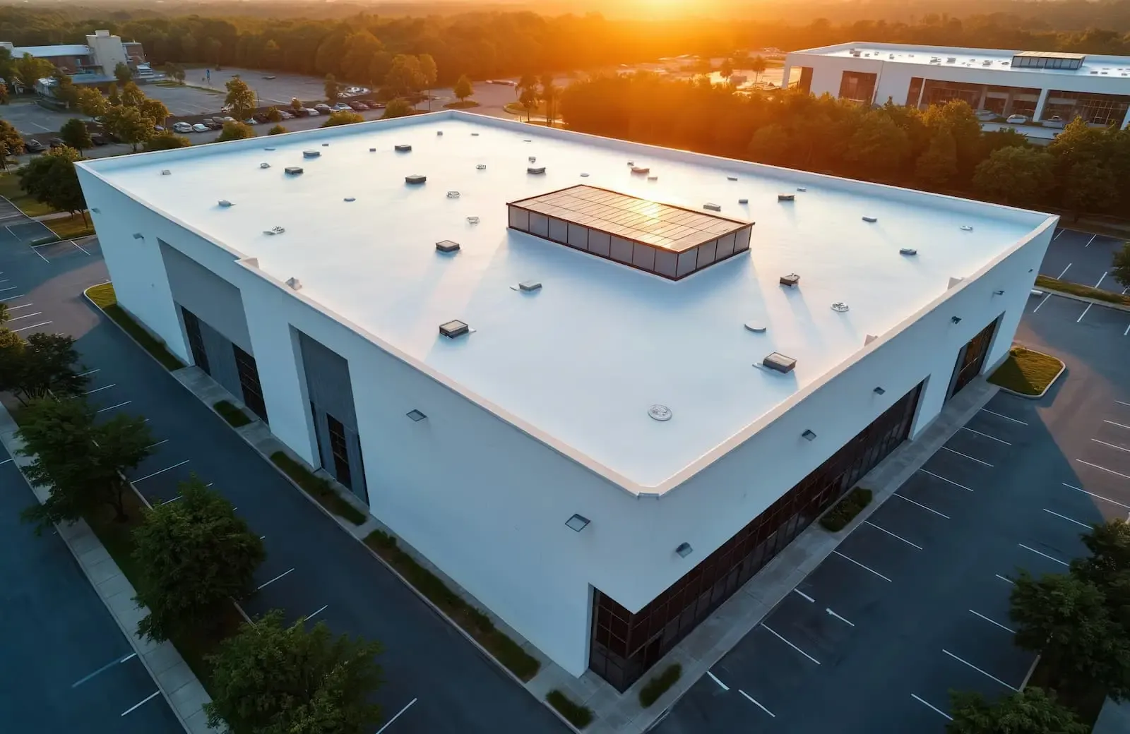 Aerial view of a white flat commercial roof at sunset
