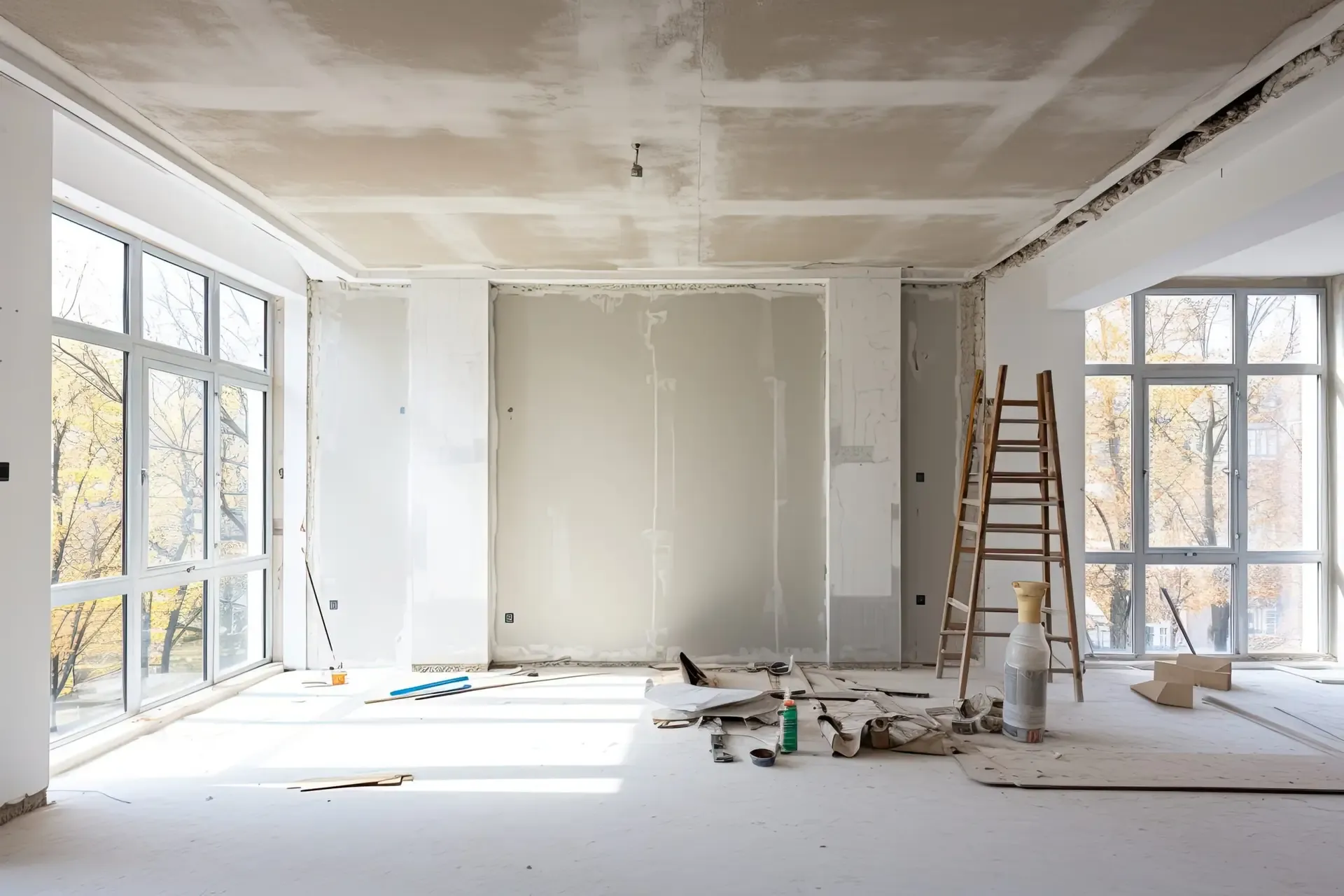 Interior renovation in progress with new drywall and large windows