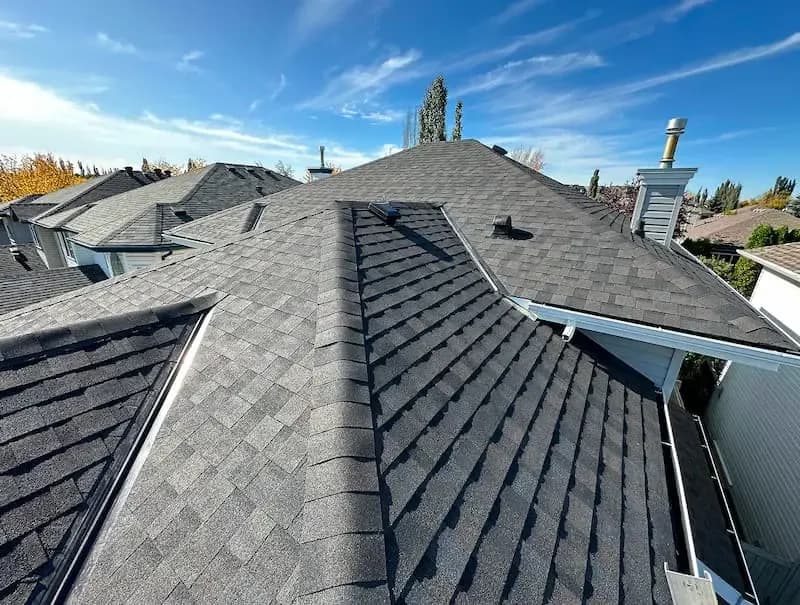 New grey asphalt shingle roof on a suburban home