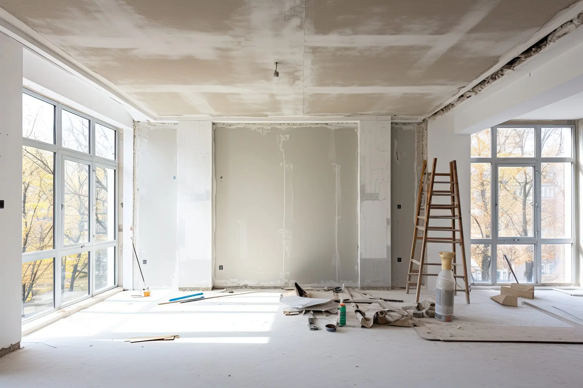The construction project includes the installation of plasterboard, specifically for gypsum walls, in an apartment that is undergoing various processes such as construction, remodeling, renovation, extension, restoration, and reconstruction.